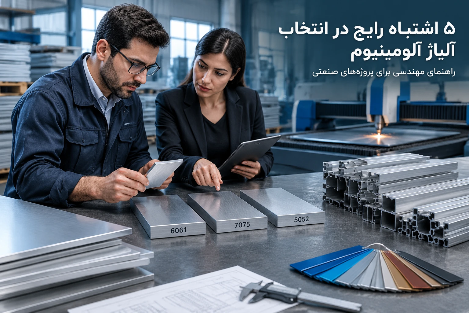 مهندسین صنعتی در حال بررسی قطعات ورق و پروفیل آلومینیوم و کاتالوگ خواص مکانیکی
